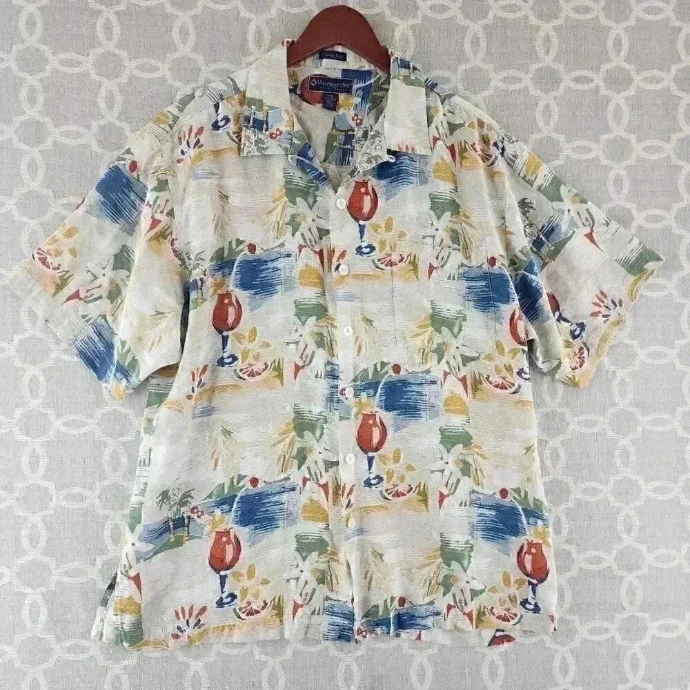 Weekender Finest Silk Hawaiian Caribbean Button Down Short sleeve Men's Shirt L